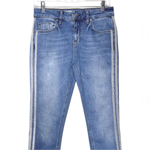 Anthropologie Shimmer Metallic Silver Racer Side Stripe Fringe Hem Cropped Jeans - Picture 9 of 15